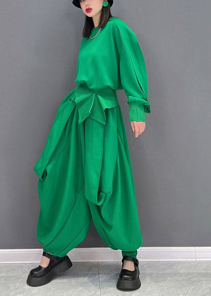 Original Design Green O-neck Asymmetrical Loose Sweatshirts Top and Harem Pants Two Piece Set Long Sleeve