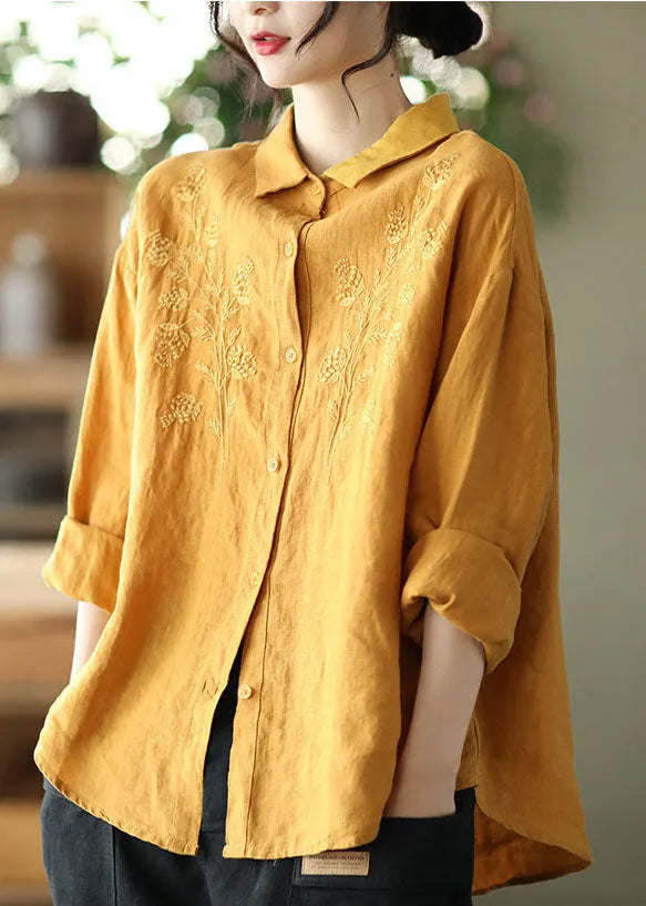 Simple Yellow Button Peter Pan Collar Embroideried Linen Blouse Top Long Sleeve