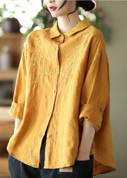 Simple Yellow Button Peter Pan Collar Embroideried Linen Blouse Top Long Sleeve