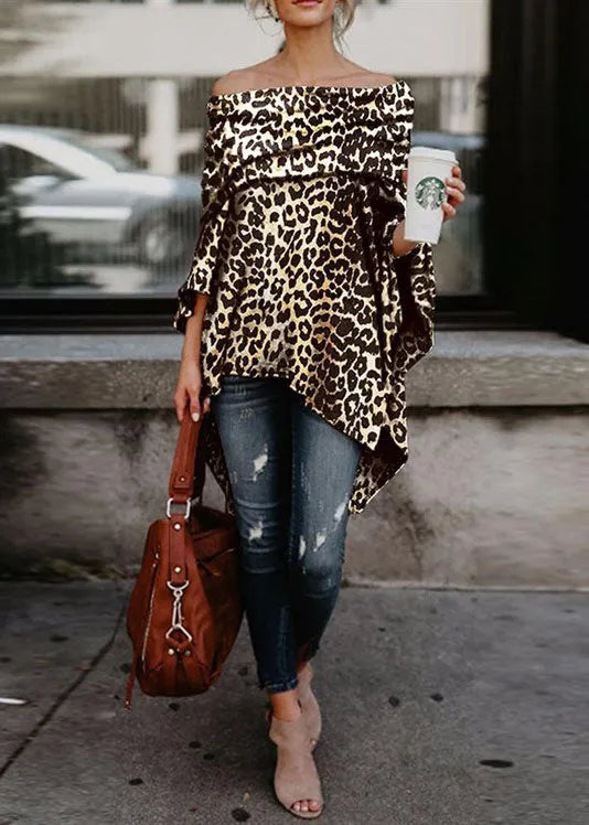 Slash Neck Asymmetrical Design Off the Shoulder Leopard Print Top Summer