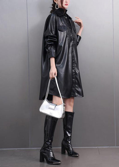 Original Black Peter Pan Collar Pockets Pu Trench Coats Fall