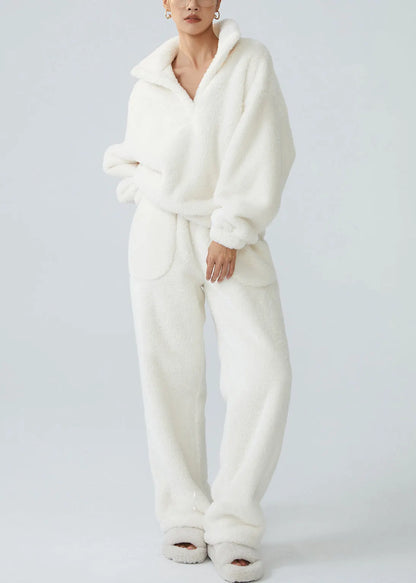 Loose White Stand Collar Pockets Fluffy Pajamas Two Pieces Set Winter