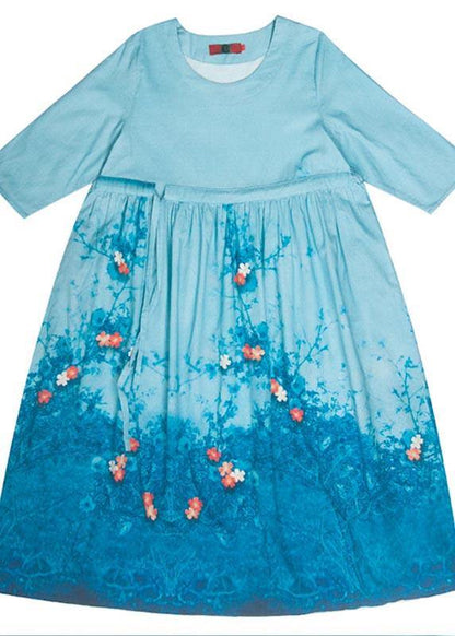 Simple Blue Print Clothes O Neck Tie Waist Dresses Spring Dresses
