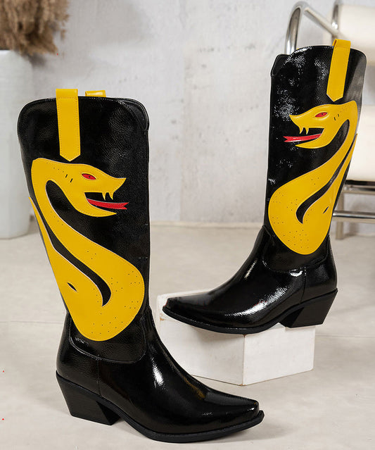 Black Boots Chunky Faux Leather Splicing Pointed Toe