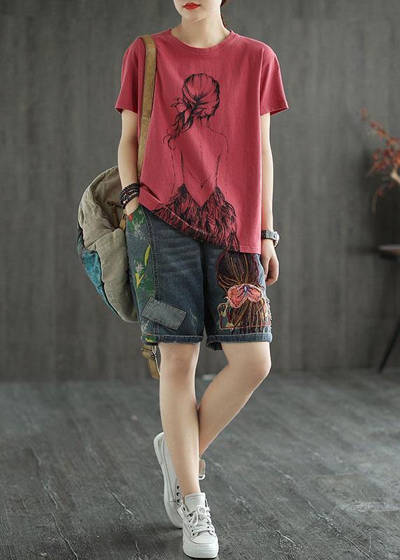 Green Print O-neck Cotton T Shirt Summer