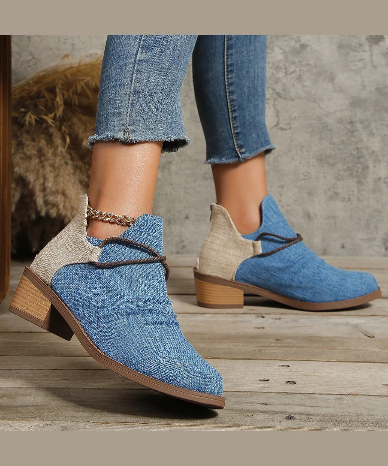 European and American Style Blue Pointed Toe Short Boots