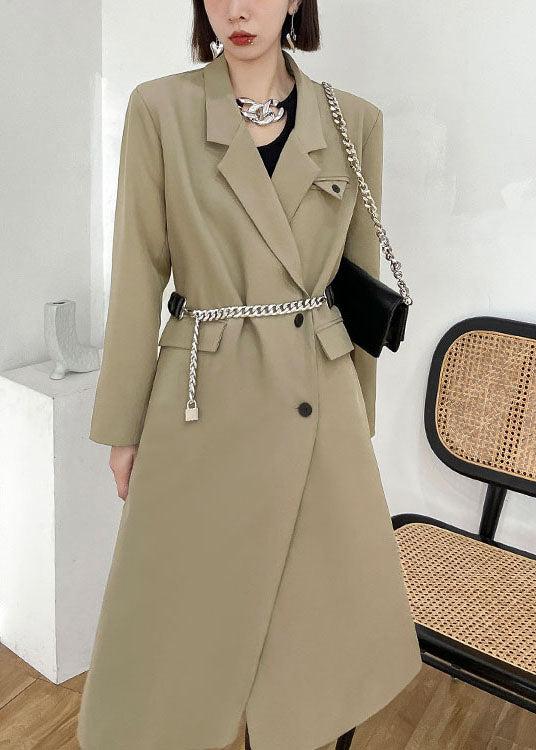Simple Khaki Peterpan Collar Pockets Button Fall Long Sleeve Coat