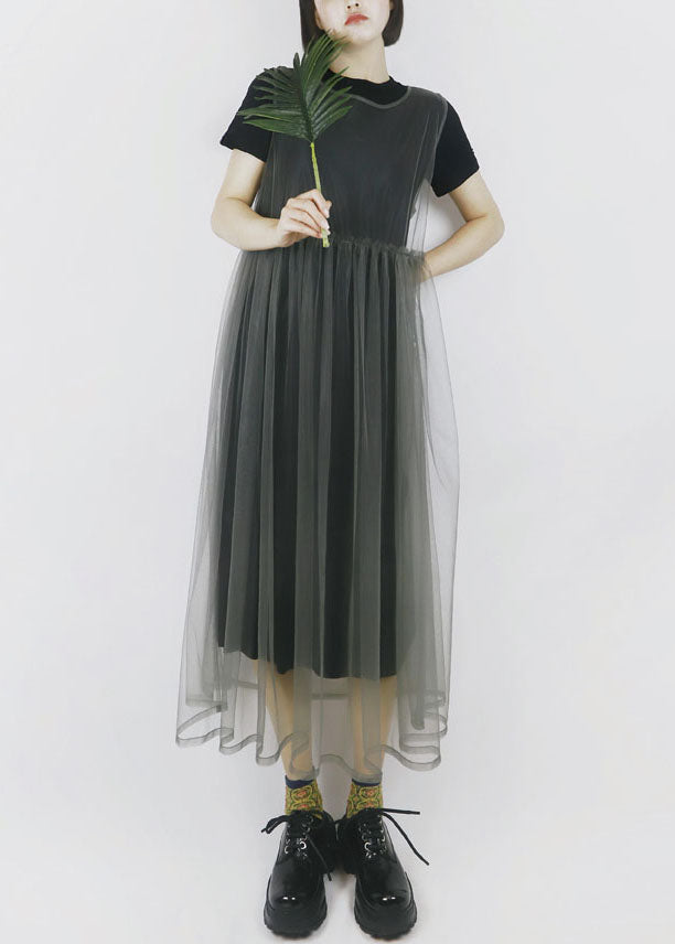 Modern Color Grey O-neck Patchwork Tulle Dress Long Smock Sleeveless Summer