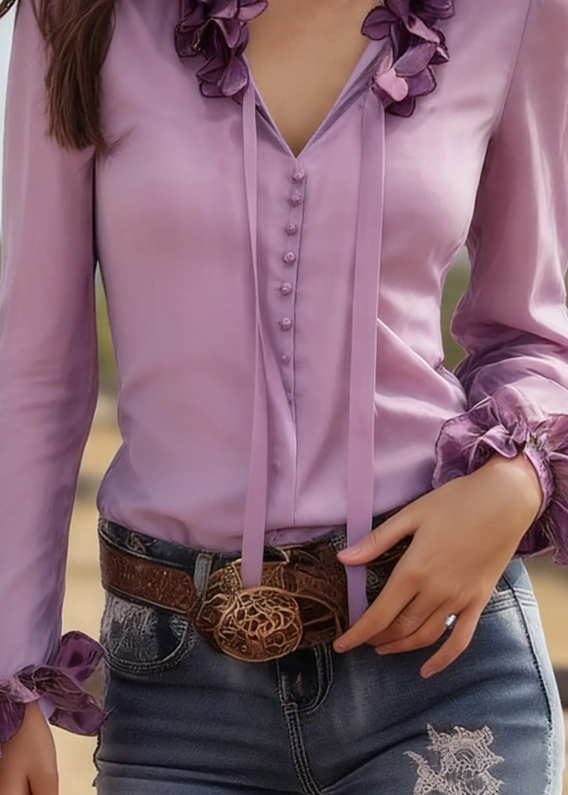 Purple V Neck Tie Lace Silk Top Spring