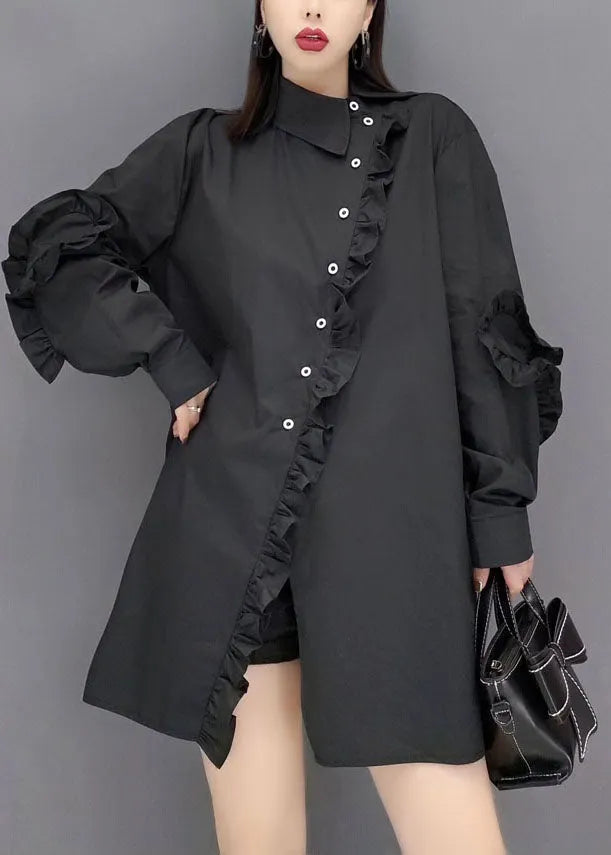 Black Peter Pan Collar Asymmetrical Ruffled Cotton Shirt Tops Spring