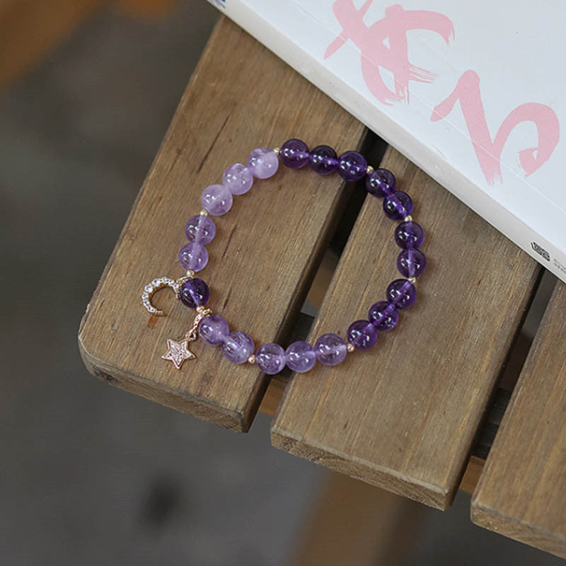 Buddha Stones Amethyst Crystal Moon Star Healing Bracelet