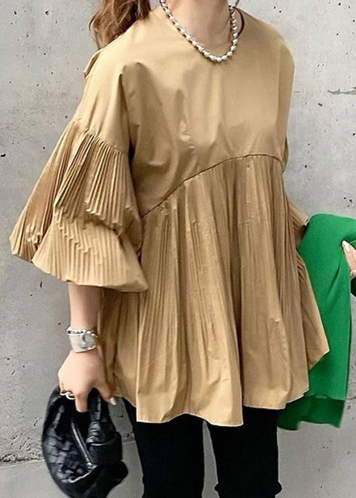 French Khaki O-neck Wrinkled Shirts Flare Sleeve