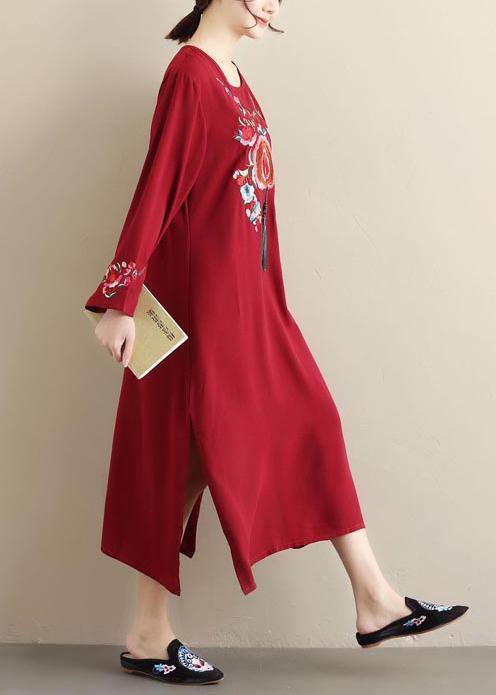 Unique Burgundy Embroidery Tunic Pattern O Neck Tassel Spring Dress