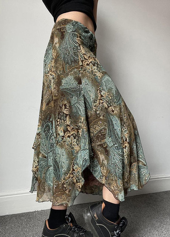 Green Print Lace Patchwork Skirts Summer