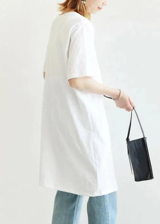 Unique White Side Open Cotton Long T Shirt Summer