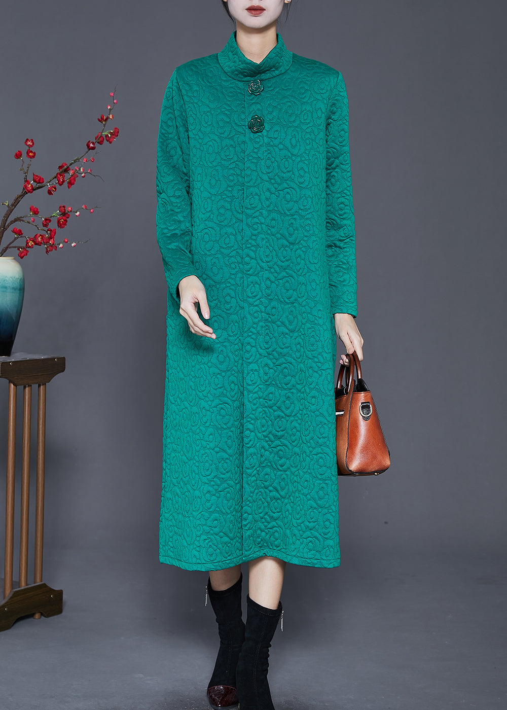 Green High Neck Jacquard Cotton Long Dress Spring