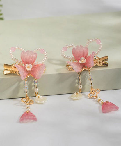 Pink Copper Alloy Pearl Colored Glaze Tassel a Pair Hairpin