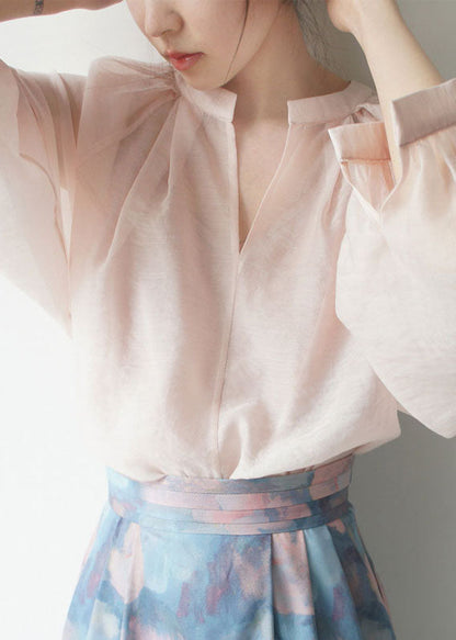Vogue Pink V Neck Silk Shirts Lantern Sleeve