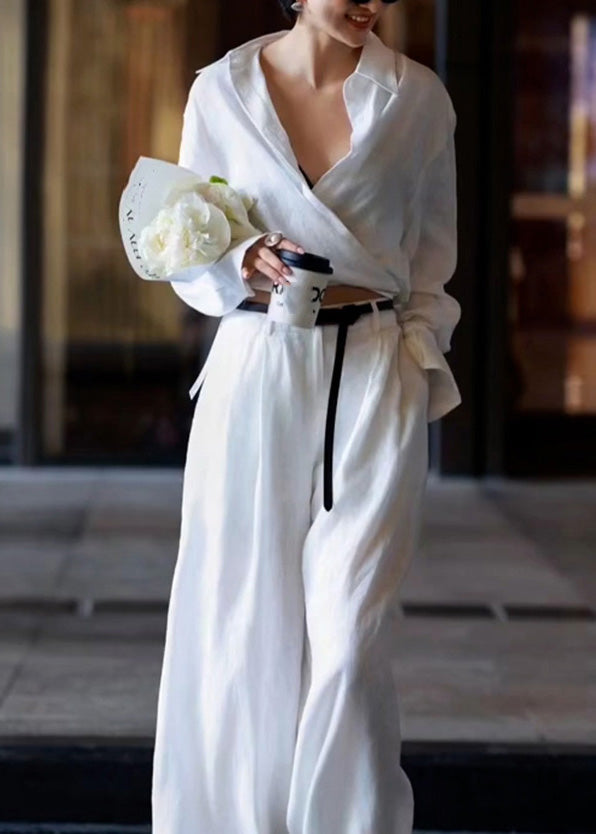 Natural White Peter Pan Collar High Waist Linen Shirts and Pants Two Pieces Set Long Sleeve