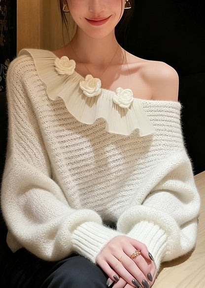 French White One Shoulder Decorated Knit Sweater Spring