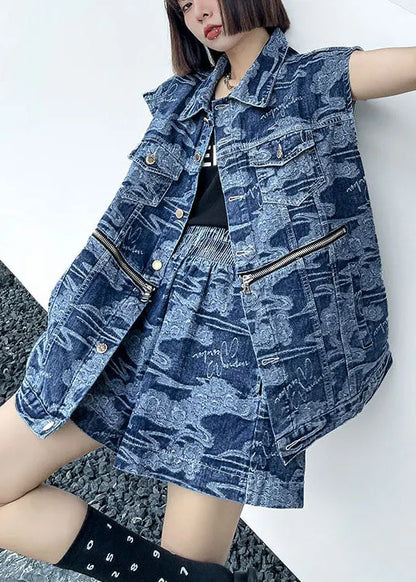 Denim Blue Loose Button Zippered Print Fall Two Piece Set Clothing Sleeveless