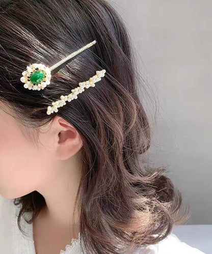Classy White Copper Overgild Zircon Pearl Emerald Hairpin Two-piece Set