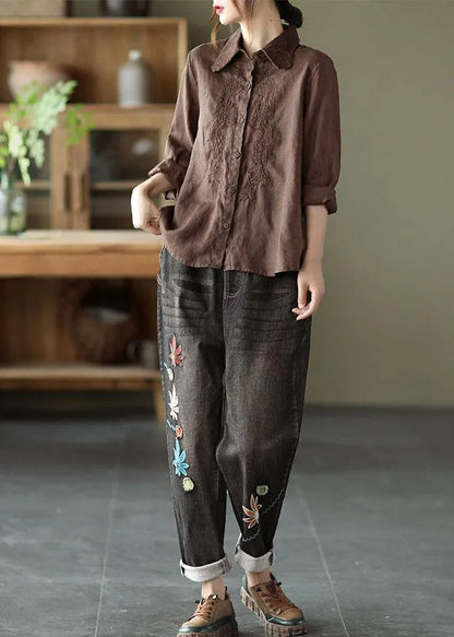 Organic White Loose Embroideried Fall Linen Long Sleeve Blouse Tops
