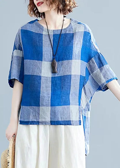 Blue Low High Design O-neck Plaid Linen Top Long Sleeve