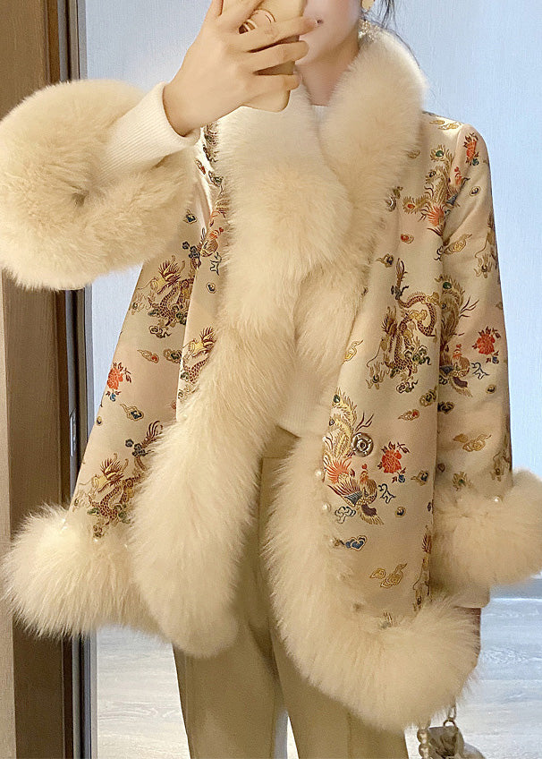 Chinese Style Beige Fox Collar Print Nail Bead Leather and Fur Coats Winter