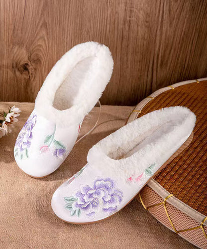 Handmade Fuzzy Wool Lined Slippers Shoes Black Satin Embroidery
