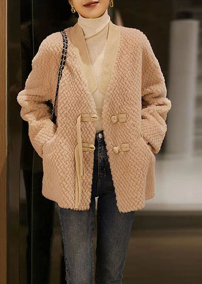 Grey V Neck Pockets Button Patchwork Wool Coat Winter