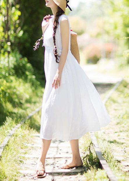 V Neck Sleeveless Summer Clothes Design White Traveling Dress