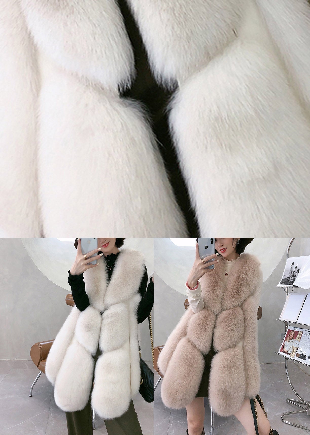 Apricot Fox Collar Patchwork Leather and Fur Waistcoat Winter