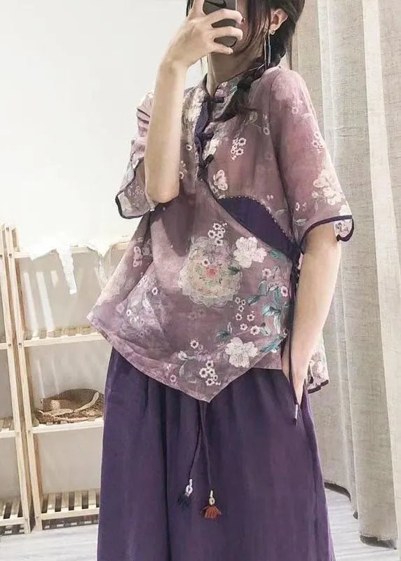 Purple Button Print Shirt Tops Half Sleeve