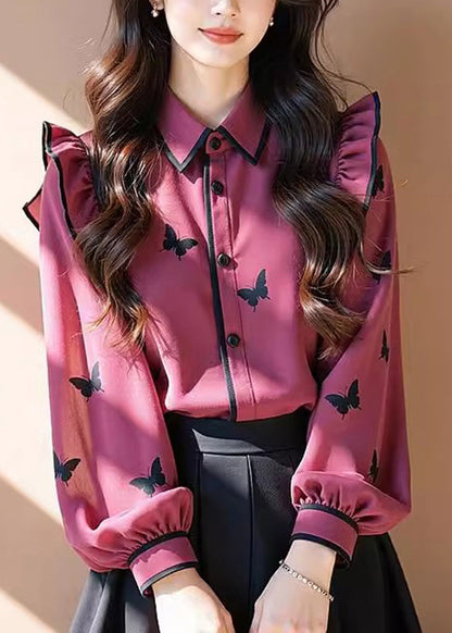 Rose Peter Pan Collar Print Ruffled Chiffon Shirt Tops Fall