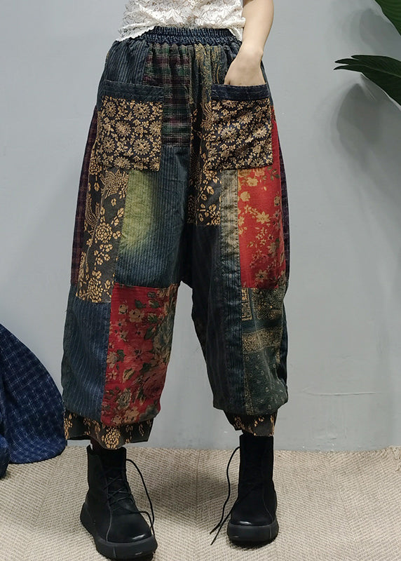 Unique Black Elastic Waist Pocket Patchwork Cotton Pants Spring
