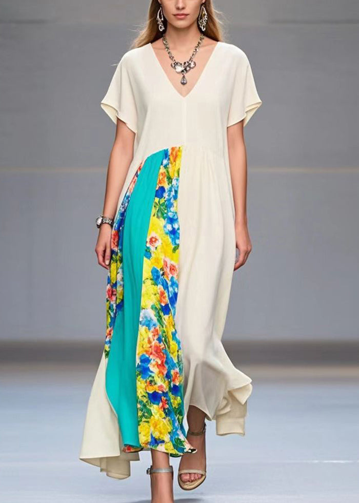 White Asymmetrical Patchwork Chiffon Maxi Dresses Summer