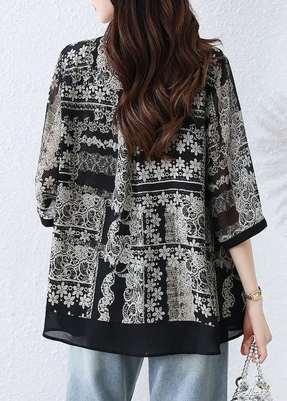 Black O-neck Print Button Shirts Fall