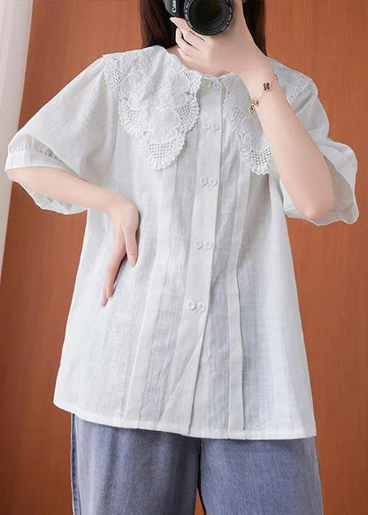 White Peter Pan Collar Button Cotton Linen Tops Summer