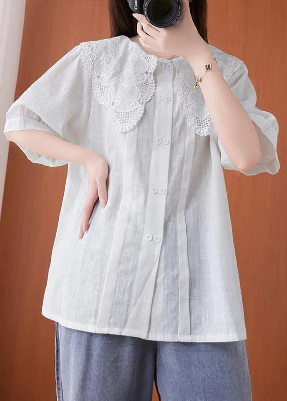 White Peter Pan Collar Button Cotton Linen Tops Summer