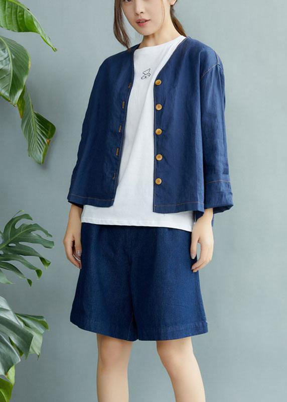 Navy V Neck Button Fall Long Sleeve Coat