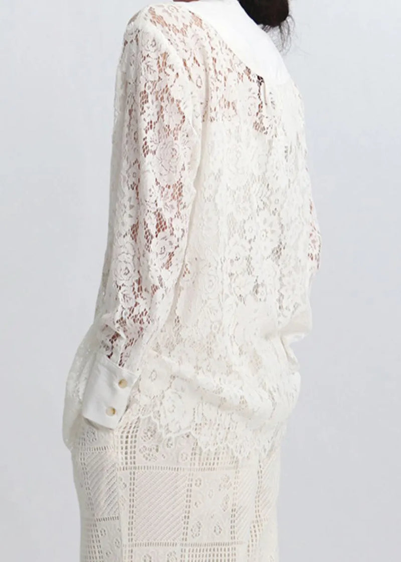 White Button Hollow Out Lace Blouses Spring