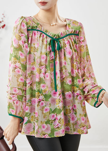 Handmade Pink Square Collar Print Chiffon Shirts Spring