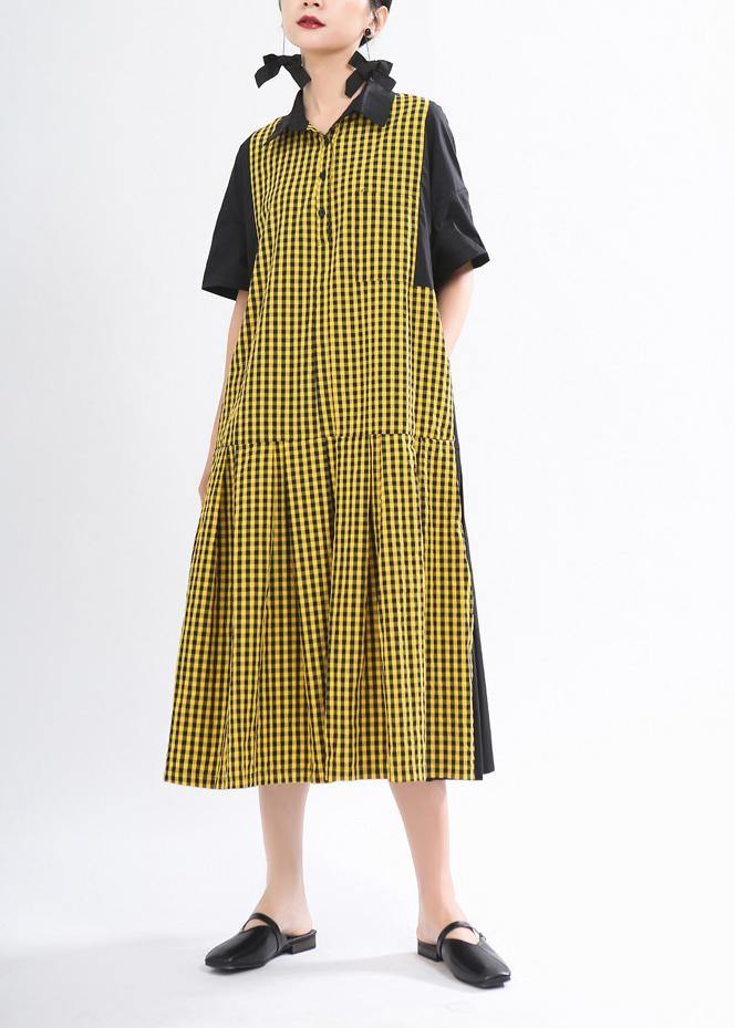 Yellow Plaid Button Summer Cotton Dress