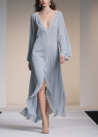 Light Blue V Neck Lace Side Open Chiffon Dresses Spring