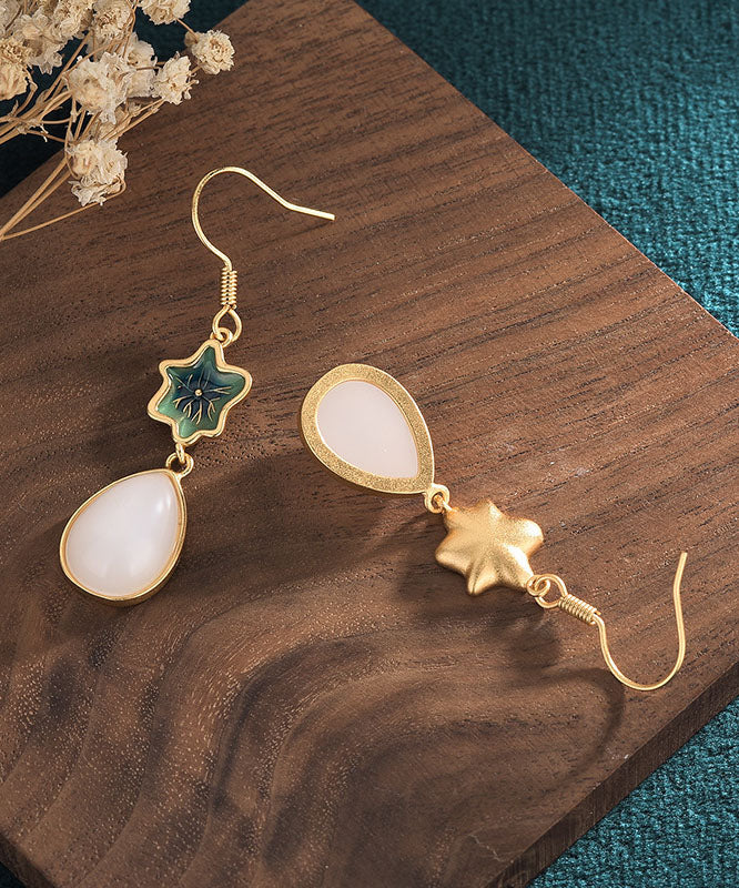 Green Overgild Inlaid Jade Tassel Water Drop Drop Earrings