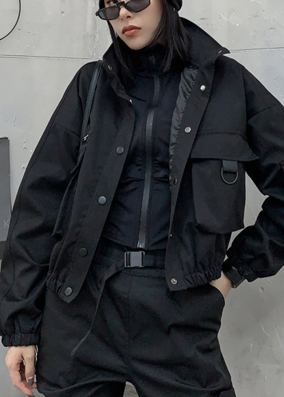 Black Stand Collar Pockets Button Jacket Long Sleeve