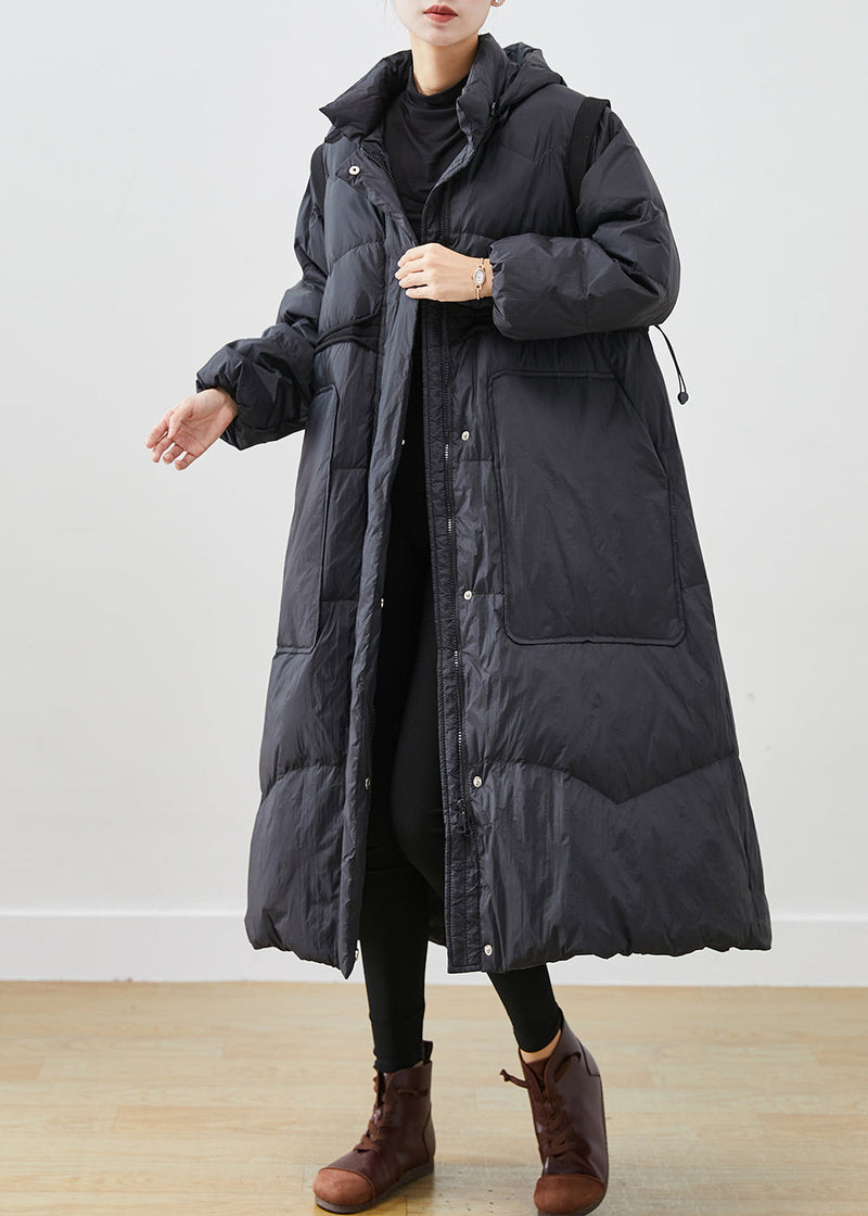 Black Cinched Big Pockets Duck Down Down Coat Winter