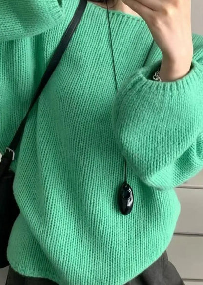 Simple Green O Neck Patchwork Knit Sweater Tops Lantern Sleeve