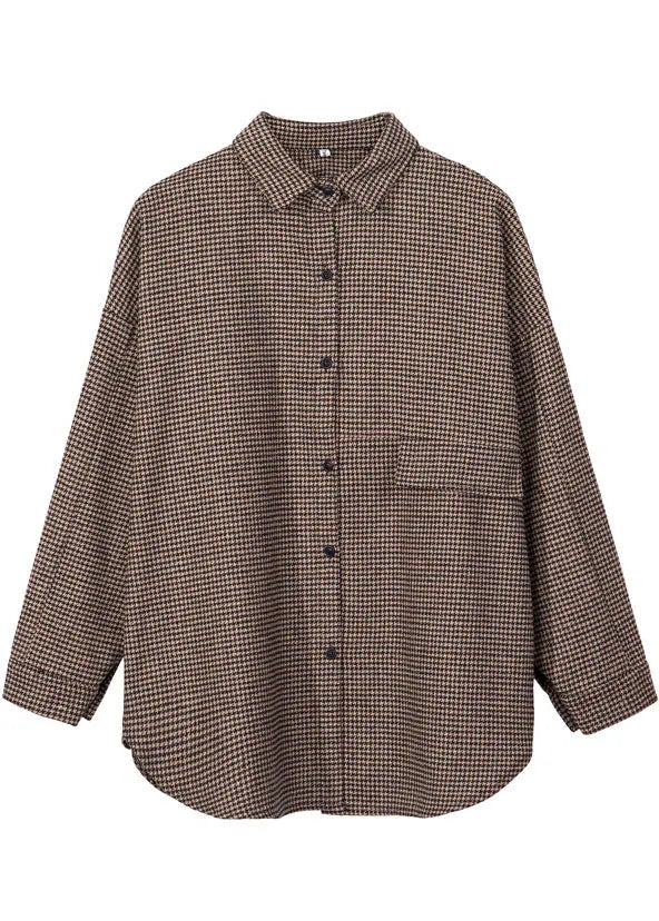 Chocolate Peter Pan Collar Plaid Woolen Top Spring